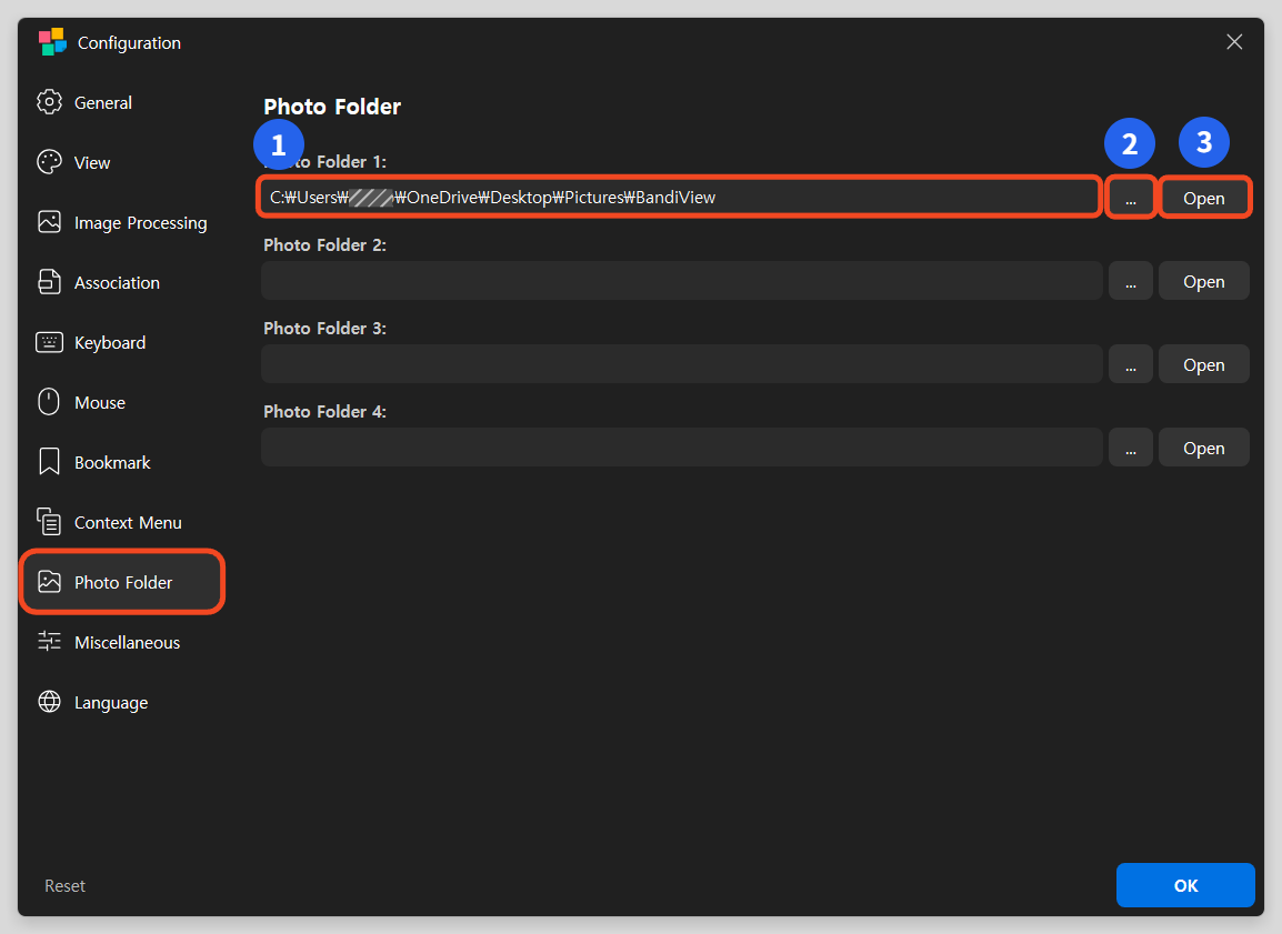 Photo Folder settings controls numbered 1–3: path field, browse button, and Open button